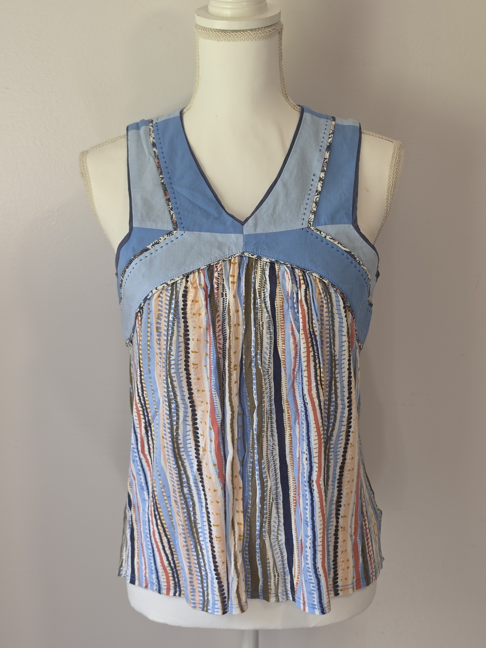 Anthropologie One September Boho Sleeveless Striped V-Neck Top Women's Medium